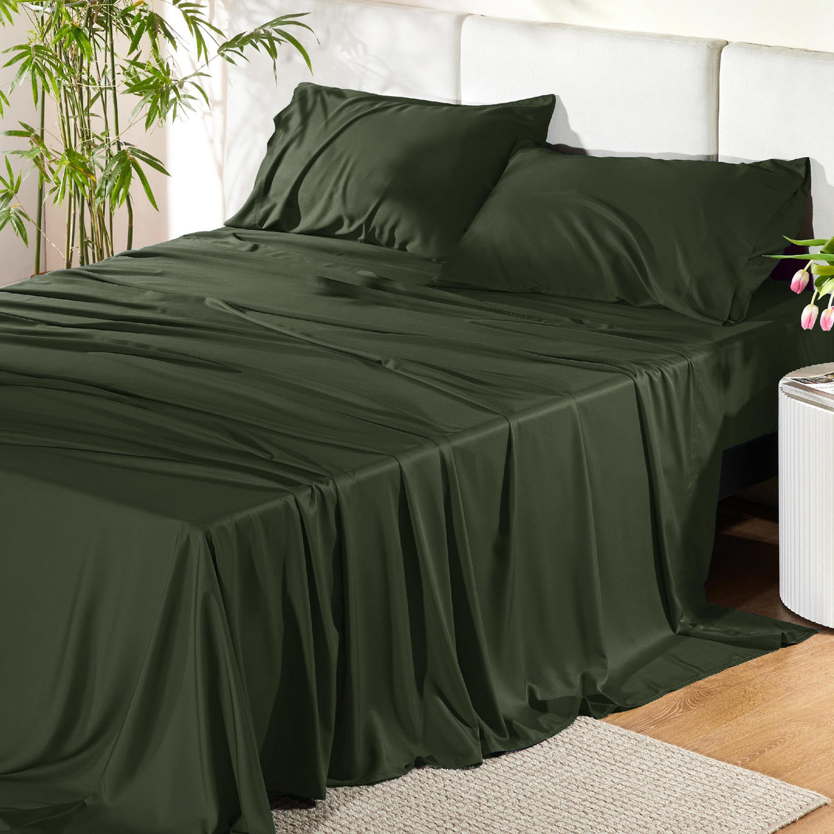Bedsure Sheet Queen Size - 4 Piece 100% Bamboo Rayon Sheet Set Dark Grey