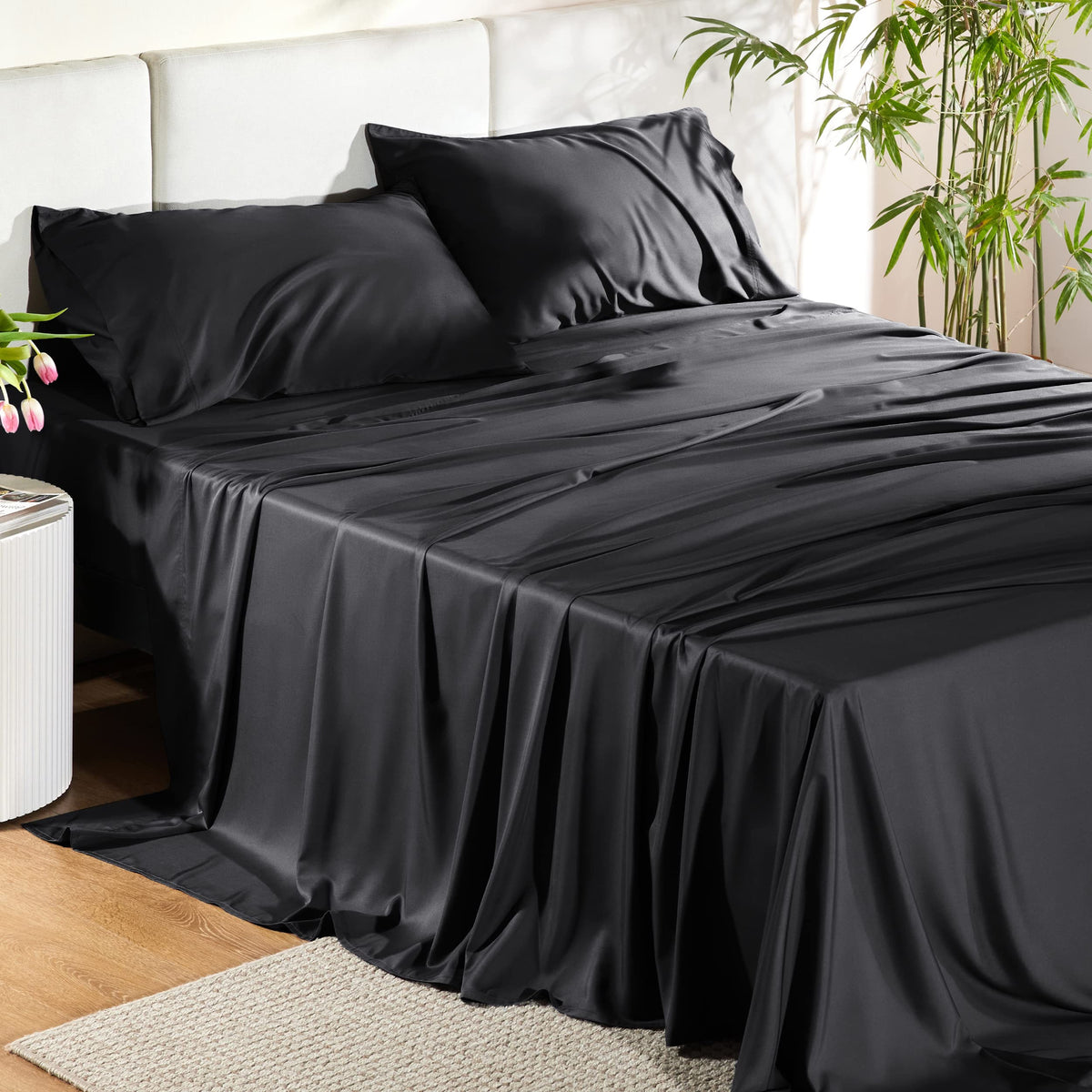 Bedsure Sheet Queen Size - 4 Piece 100% Bamboo Rayon Sheet Set Dark Grey