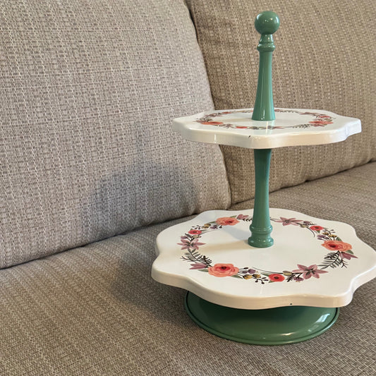 Two-Tier Floral Serving Stand in White and Green -Metal / Sturdy