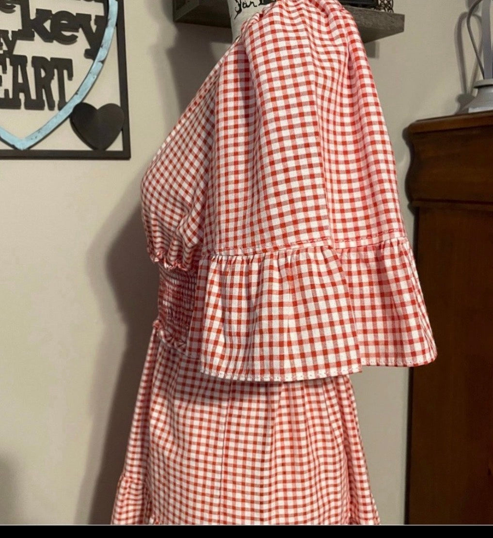 Max Studio Plaid Dress Red Gingham Smocked Waist Midi Dress