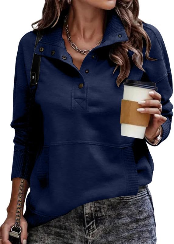 SHEWIN Women's Casual Long Sleeve Stand Neck Sweatshirt Lightweight Button Drawstring Pullover Tops