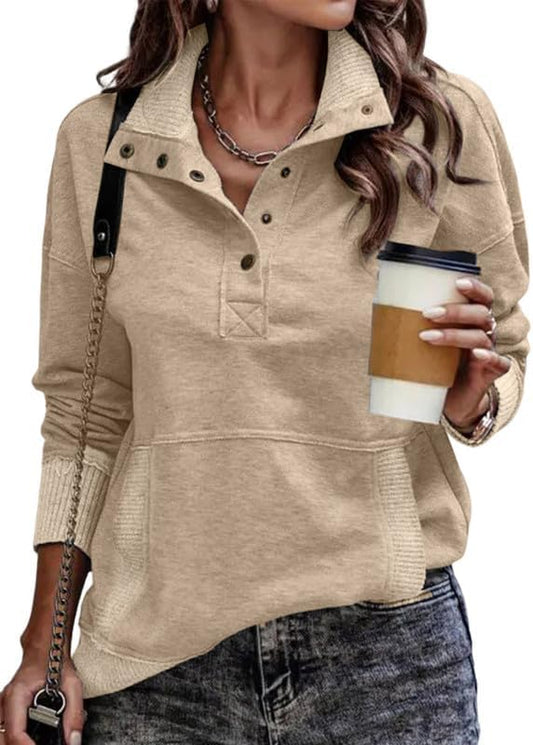 SHEWIN Women's Casual Long Sleeve Stand Neck Sweatshirt Lightweight Button Drawstring Pullover Tops