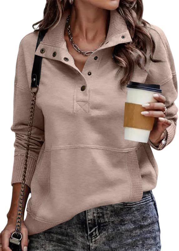 SHEWIN Women's Casual Long Sleeve Stand Neck Sweatshirt Lightweight Button Drawstring Pullover Tops
