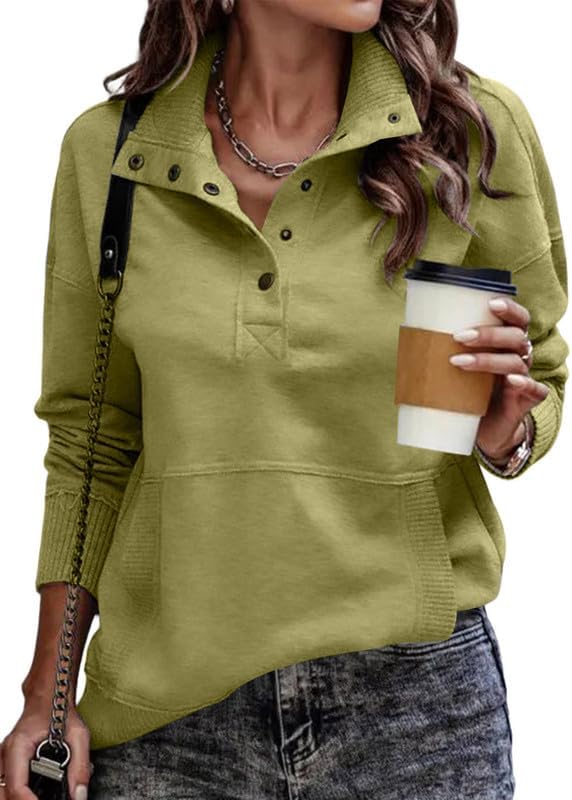 SHEWIN Women's Casual Long Sleeve Stand Neck Sweatshirt Lightweight Button Drawstring Pullover Tops