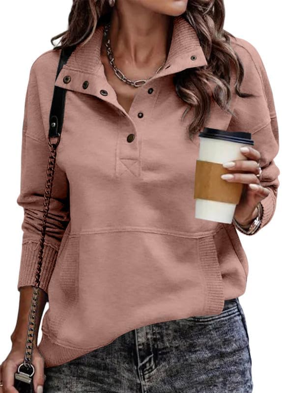SHEWIN Women's Casual Long Sleeve Stand Neck Sweatshirt Lightweight Button Drawstring Pullover Tops