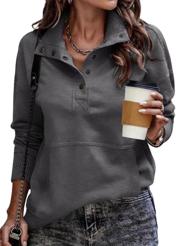 SHEWIN Women's Casual Long Sleeve Stand Neck Sweatshirt Lightweight Button Drawstring Pullover Tops