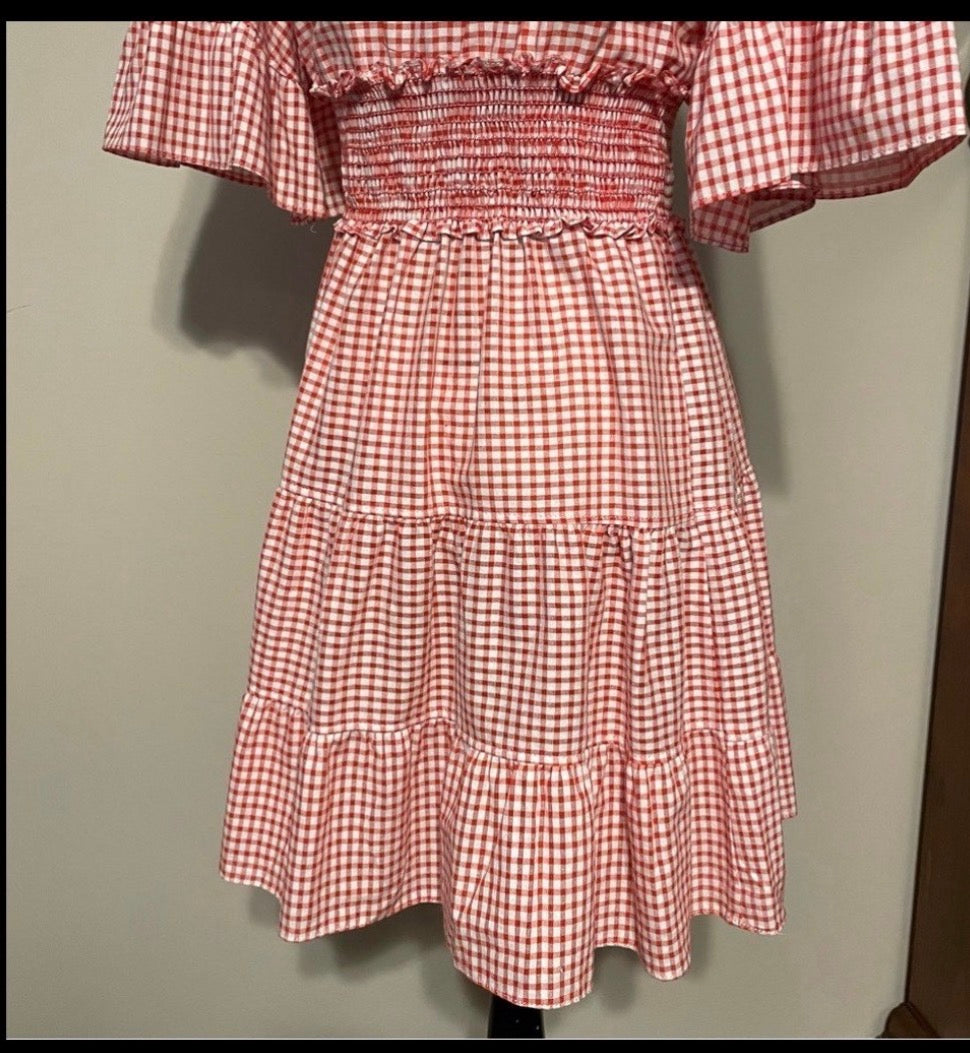 Max Studio Plaid Dress Red Gingham Smocked Waist Midi Dress