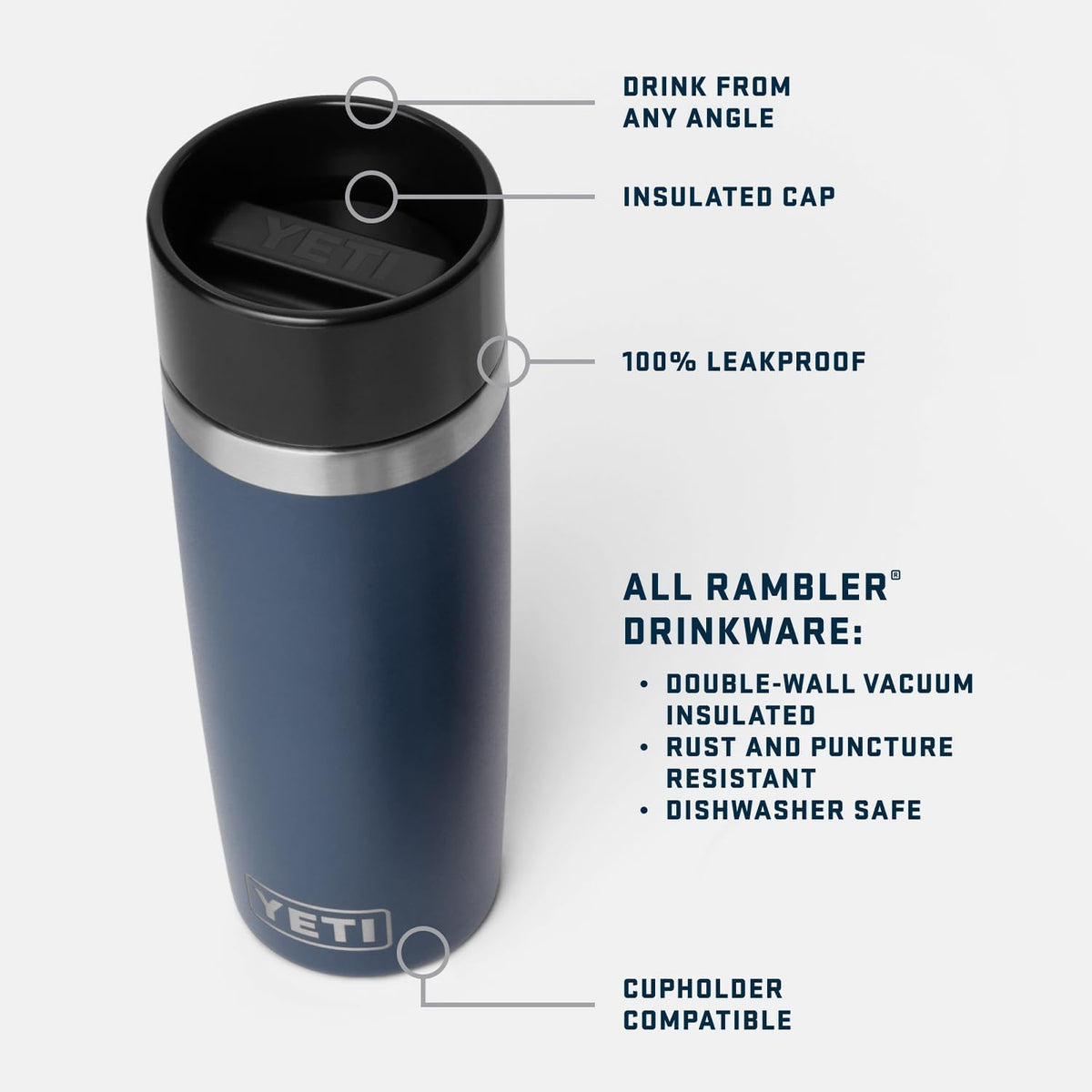 YETI Rambler 16 oz Stainless Steel Travel Bottle – Leakproof Commuter Cap, Navy