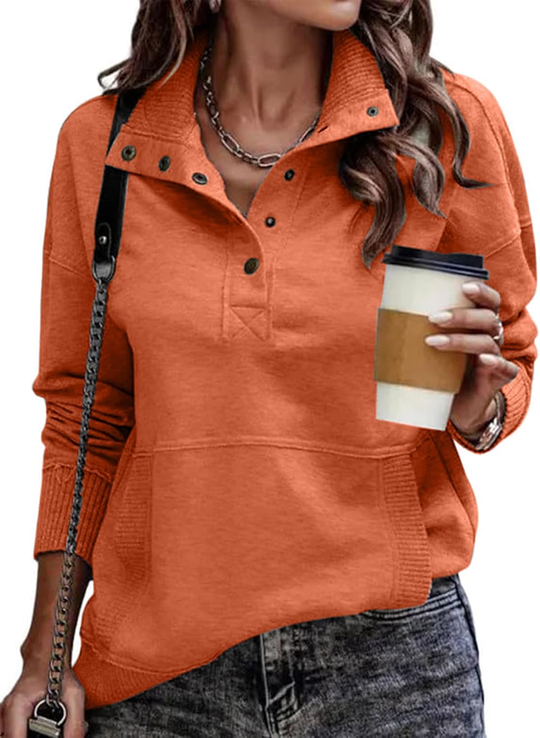 SHEWIN Women's Casual Long Sleeve Stand Neck Sweatshirt Lightweight Button Drawstring Pullover Tops