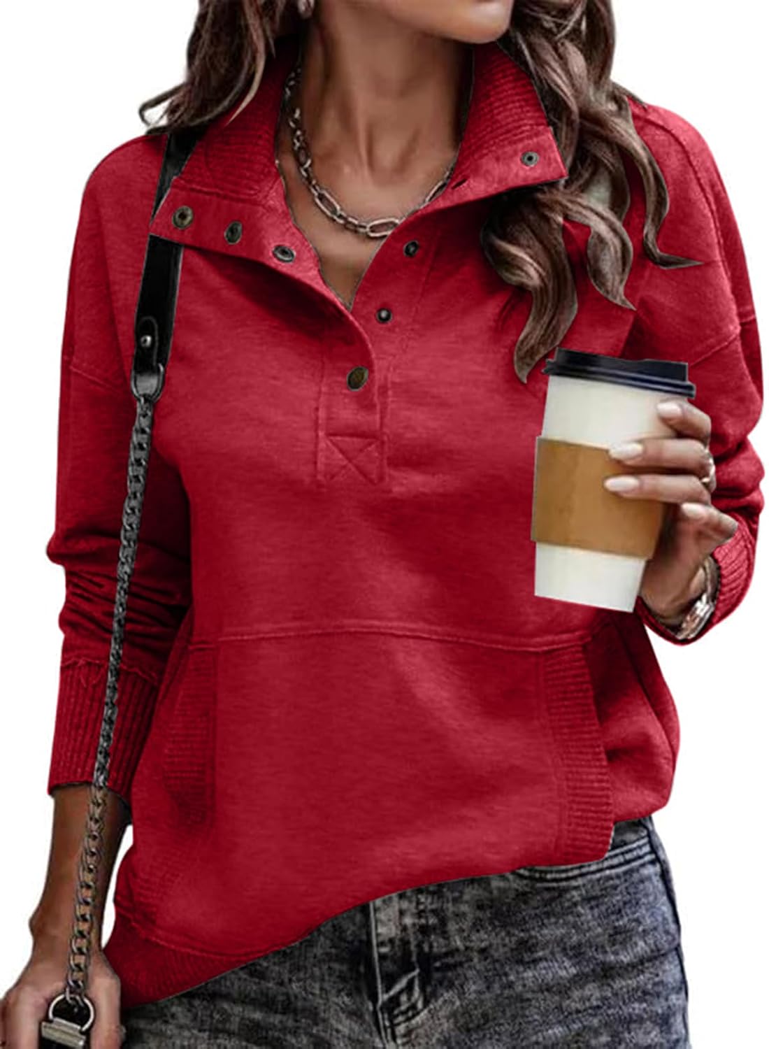SHEWIN Women's Casual Long Sleeve Stand Neck Sweatshirt Lightweight Button Drawstring Pullover Tops