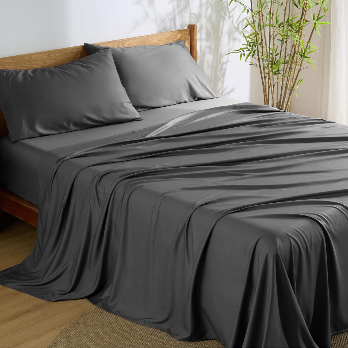 Bedsure Sheet Queen Size - 4 Piece 100% Bamboo Rayon Sheet Set Dark Grey