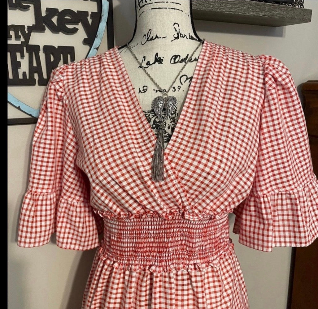 Max Studio Plaid Dress Red Gingham Smocked Waist Midi Dress