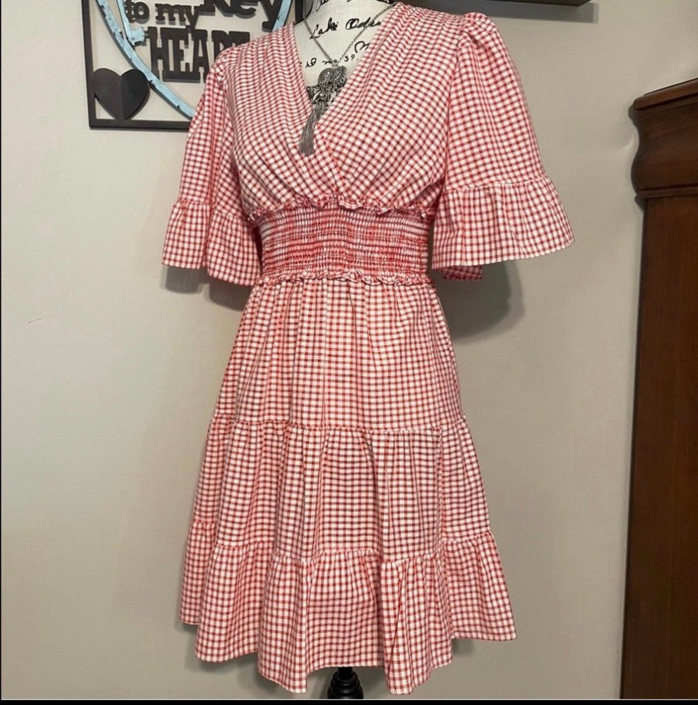 Max Studio Plaid Dress Red Gingham Smocked Waist Midi Dress