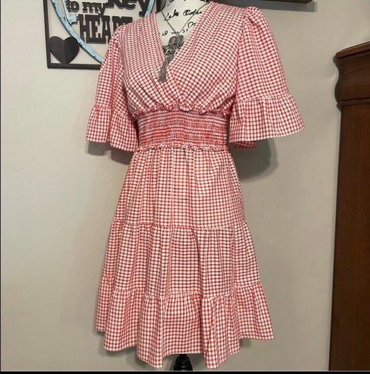 Max Studio Plaid Dress Red Gingham Smocked Waist Midi Dress