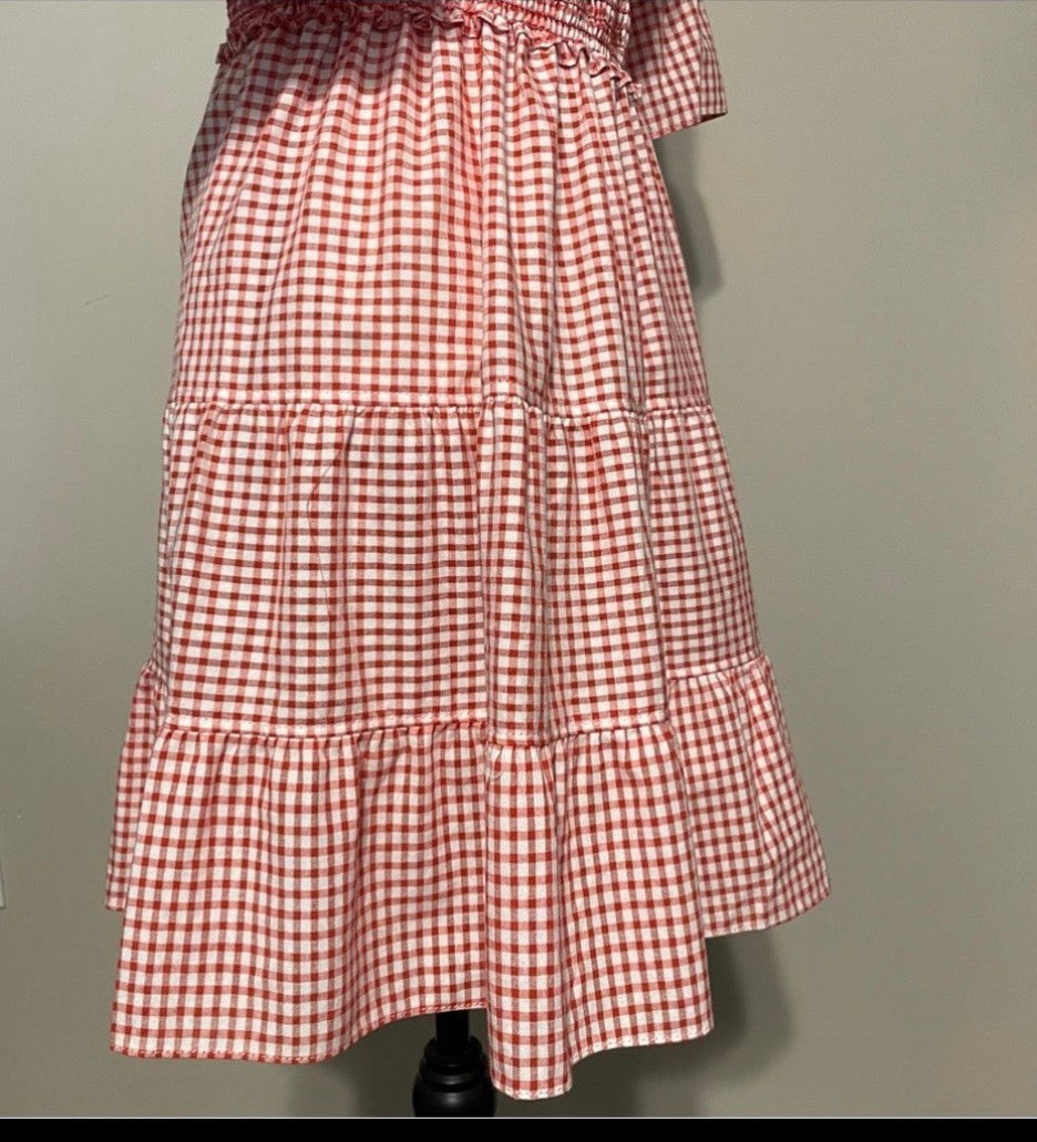 Max Studio Plaid Dress Red Gingham Smocked Waist Midi Dress