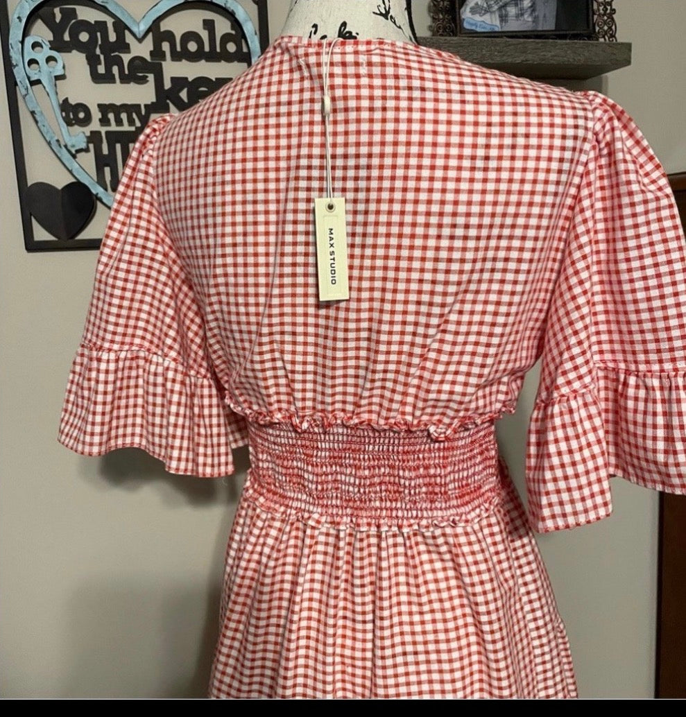 Max Studio Plaid Dress Red Gingham Smocked Waist Midi Dress
