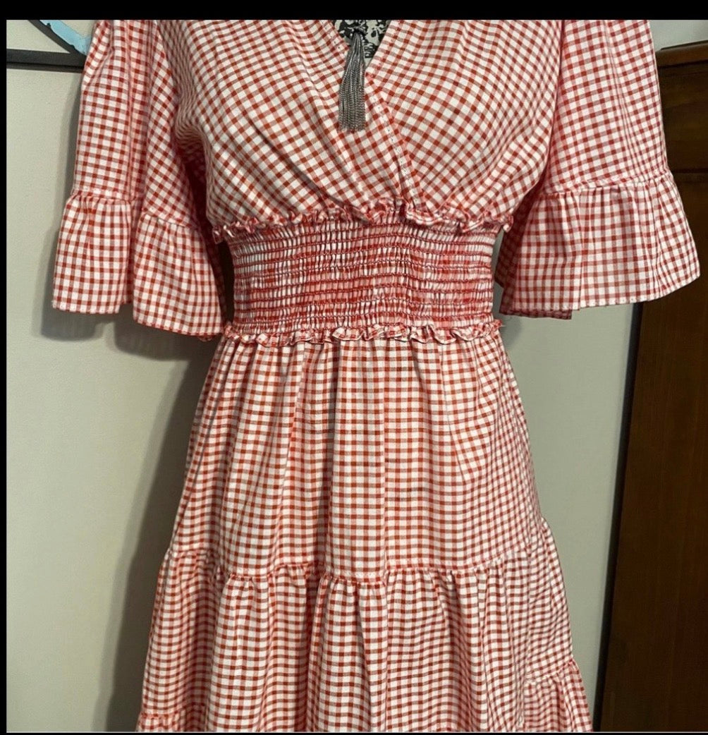 Max Studio Plaid Dress Red Gingham Smocked Waist Midi Dress