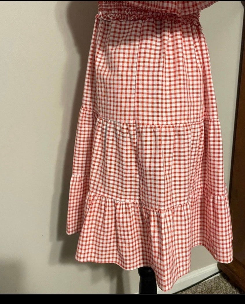 Max Studio Plaid Dress Red Gingham Smocked Waist Midi Dress